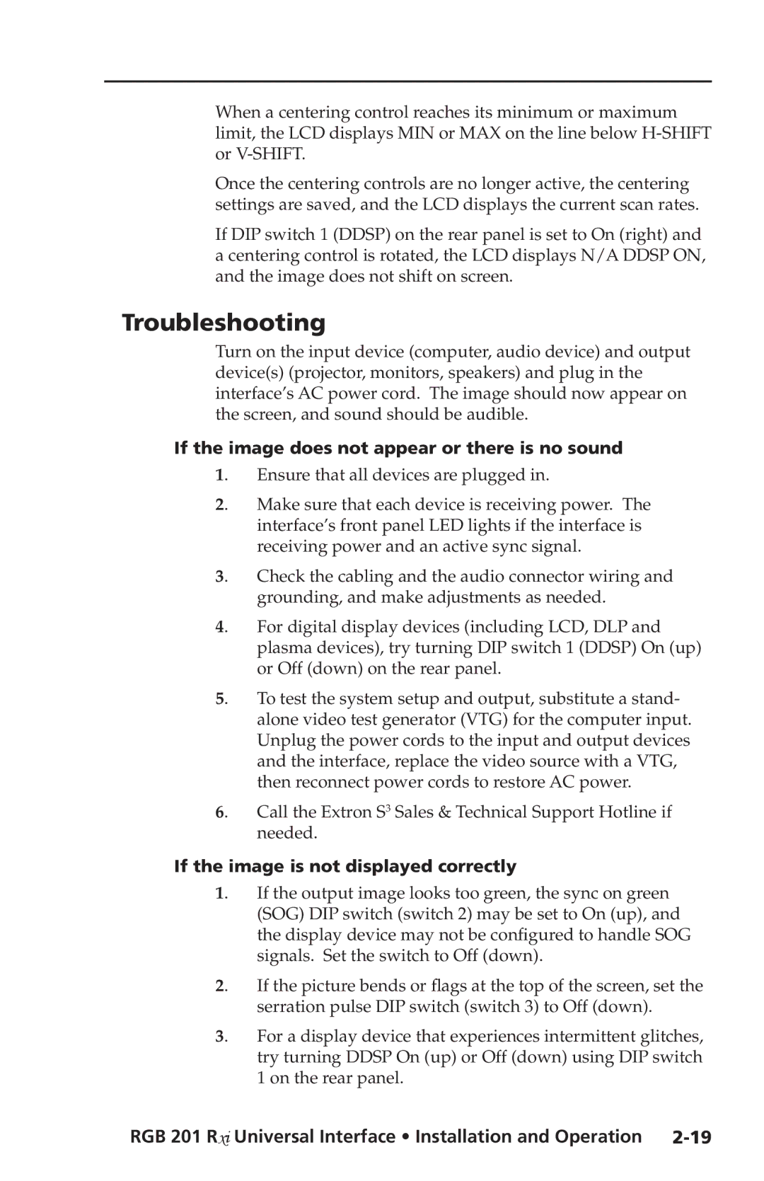 Extron electronic RGB 201 Rxi manual Troubleshooting, If the image does not appear or there is no sound 