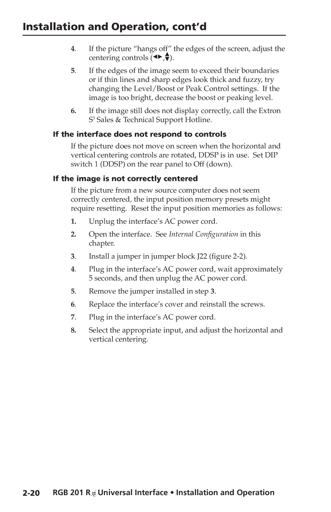 Extron electronic RGB 201 Rxi manual If the interface does not respond to controls, If the image is not correctly centered 