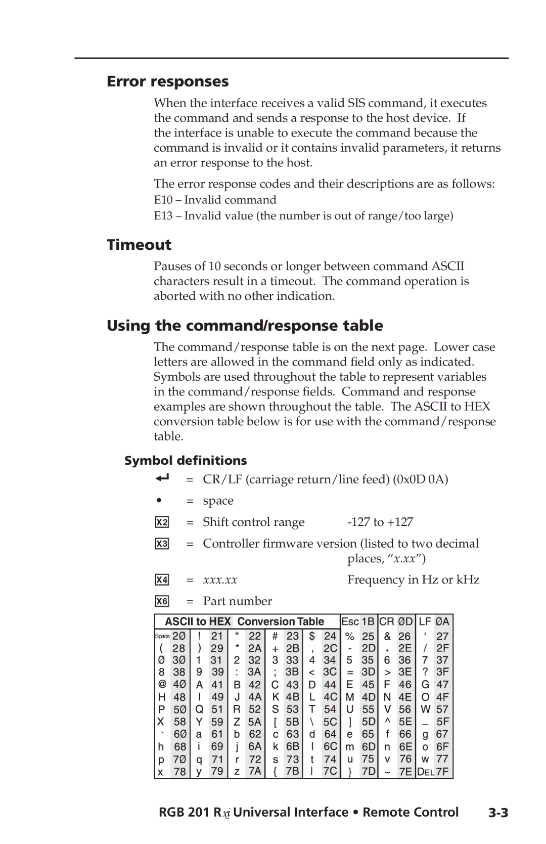 Extron electronic RGB 201 Rxi manual Error responses, Timeout, Using the command/response table, Symbol definitions 