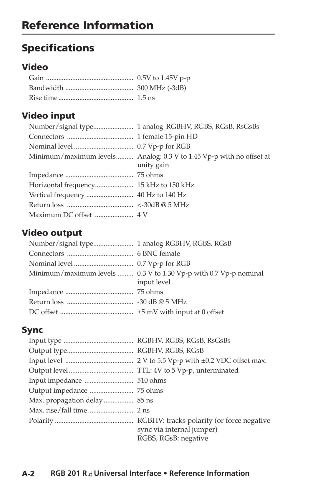 Extron electronic RGB 201 Rxi manual ReferencerenceInformation,cont’d Specifications, Video input, Video output, Sync 