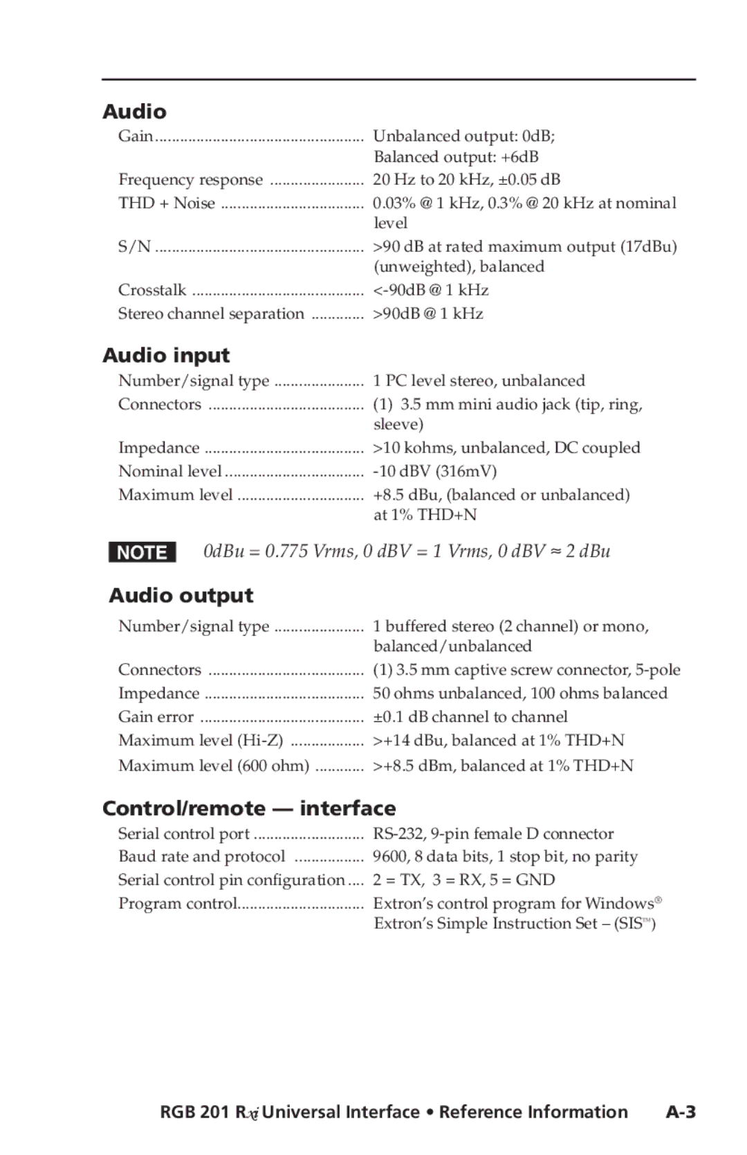 Extron electronic RGB 201 Rxi manual Audio input, Audio output, Control/remote interface 