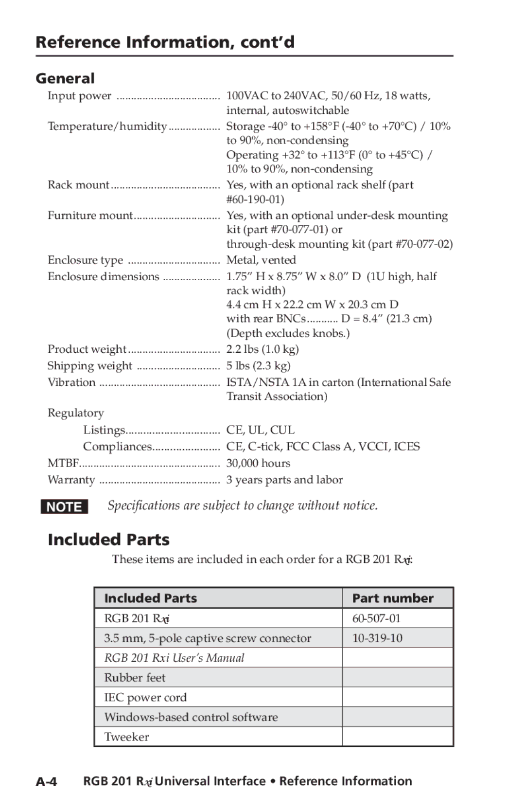 Extron electronic RGB 201 Rxi manual Reference Information, cont’d, General, Included Parts Part number 