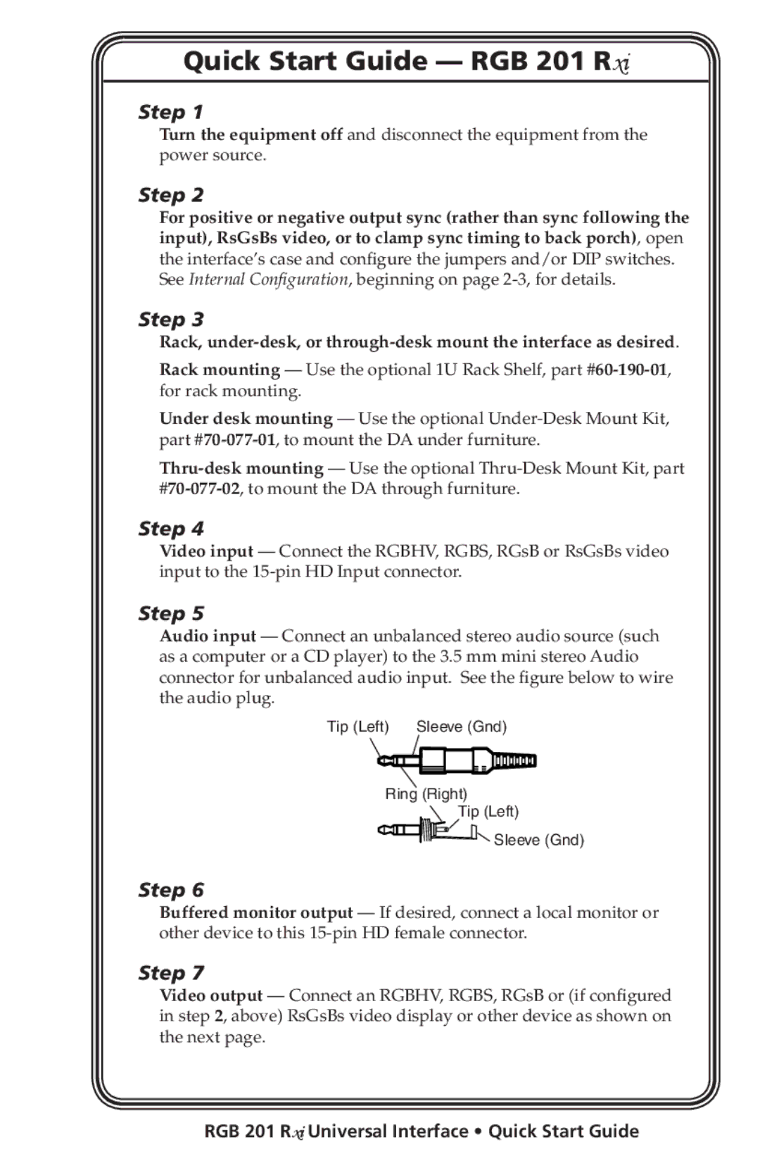 Extron electronic manual Quick Start Guide RGB 201 Rxi, RGB 201 Rxi Universal Interface Quick Start Guide 