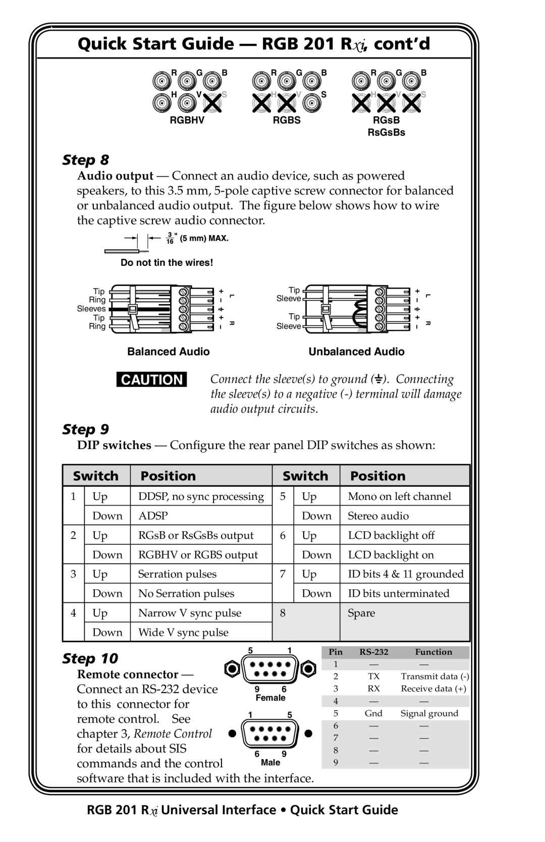 Extron electronic manual Quick Start Guide RGB 201 Rxi, cont’d, Switch Position, Remote control. See 