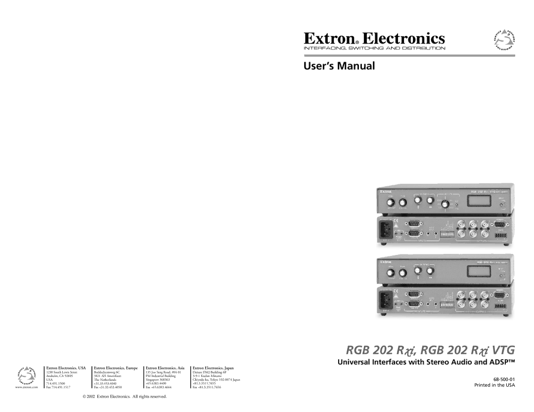 Extron electronic RGB 202 Rxi VTG user manual User’s Manual, Universal Interfaces with Stereo Audio and Adsp 