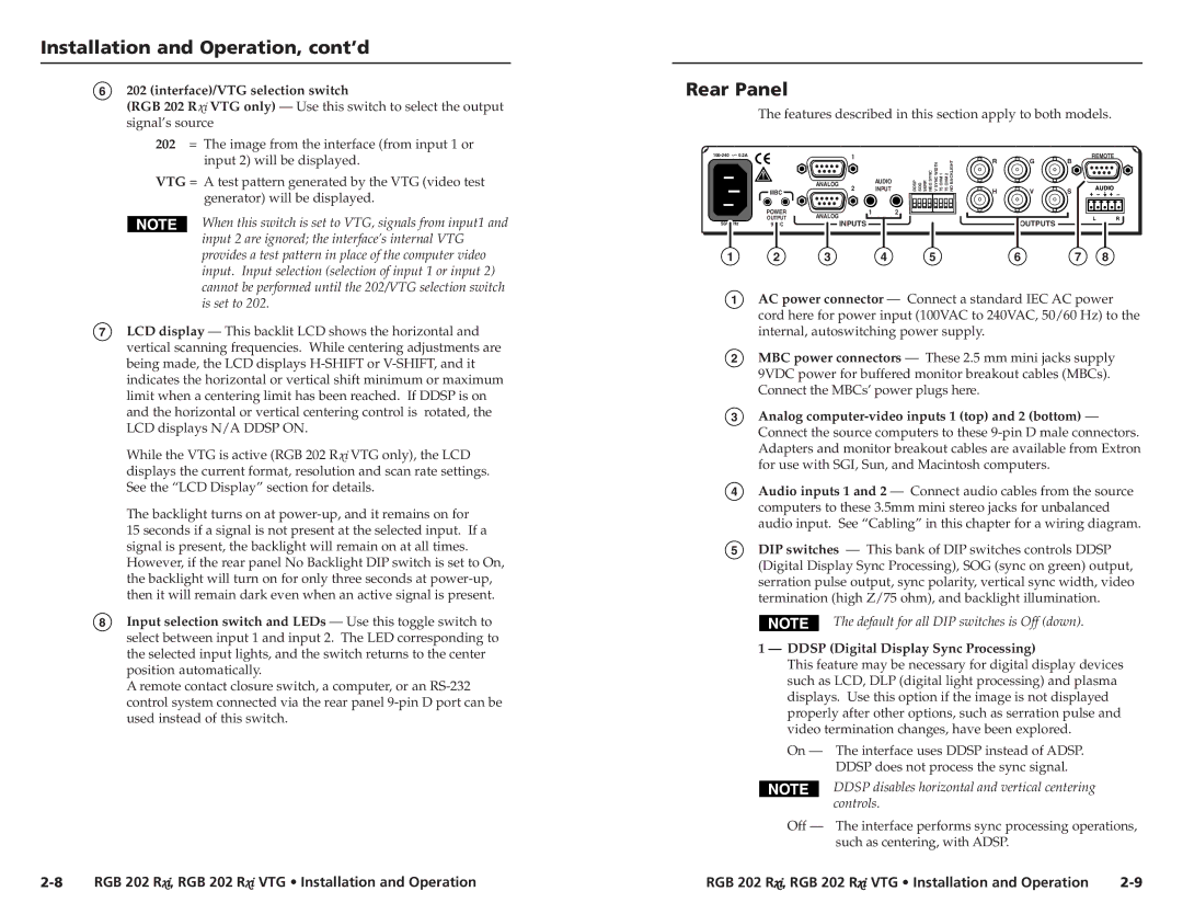 Extron electronic RGB 202 Rxi VTG Rear Panel, Interface/VTG selection switch, Ddsp Digital Display Sync Processing 