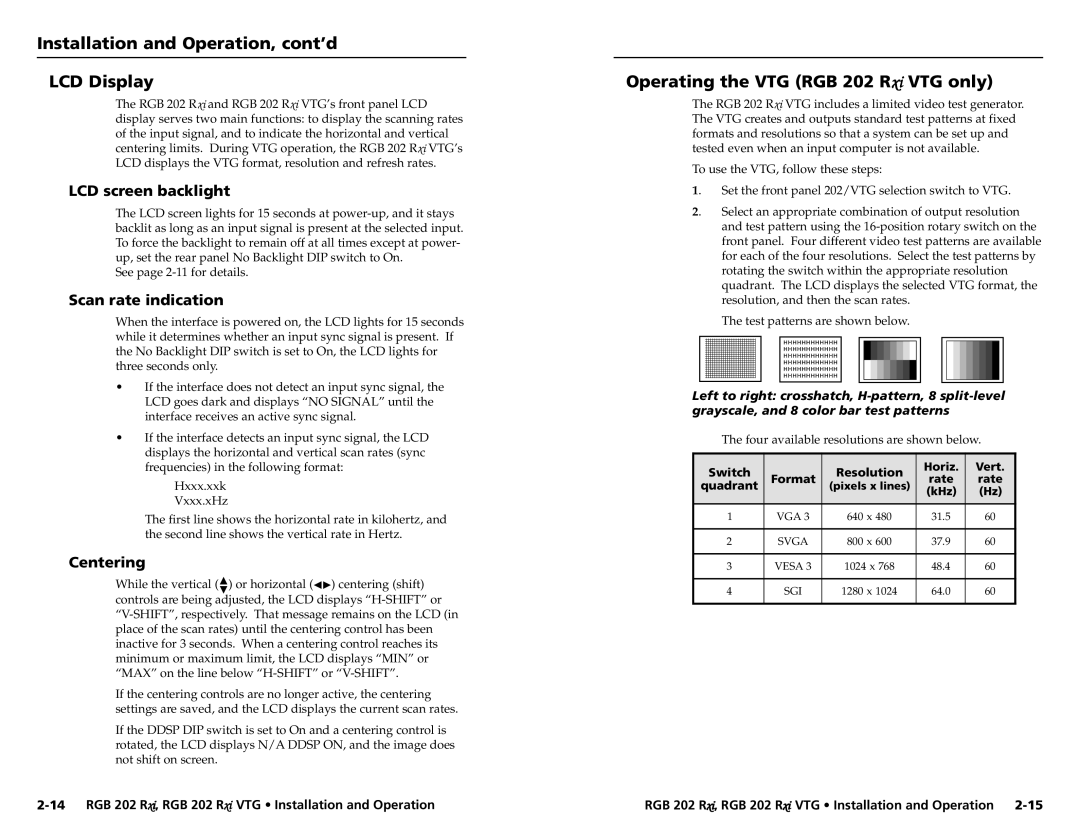 Extron electronic Installation and Operation, cont’d LCD Display, Operating the VTG RGB 202 Rxi VTG only, Centering 