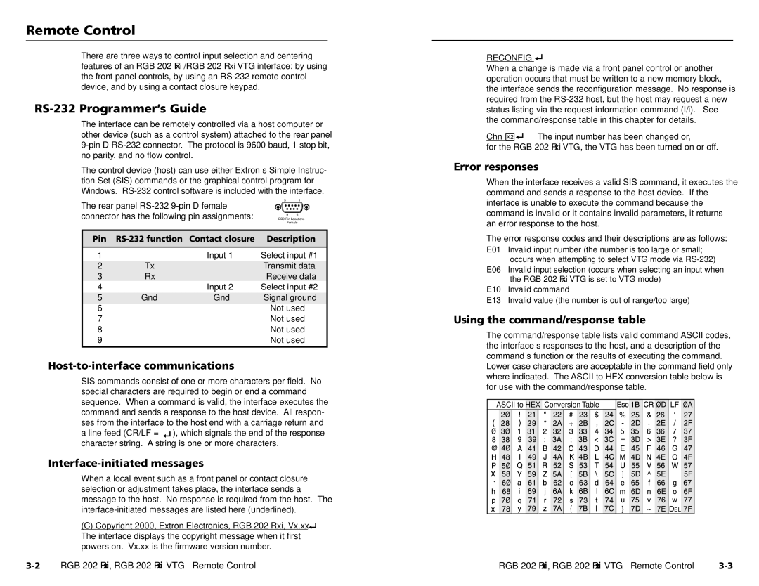 Extron electronic RGB 202 Rxi VTG user manual RemoteControl,cont’d, RS-232 Programmer’s Guide 