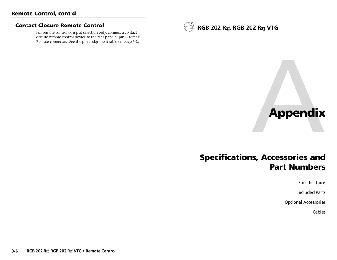 Extron electronic RGB 202 Rxi VTG user manual AAppendix, Specifications, Accessories Part Numbers 