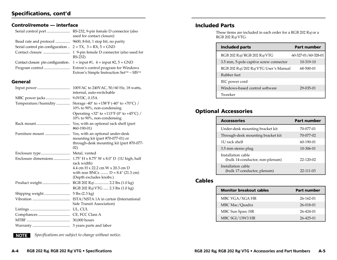 Extron electronic RGB 202 Rxi VTG user manual Specifications, cont’d, Included Parts, Optional Accessories, Cables 