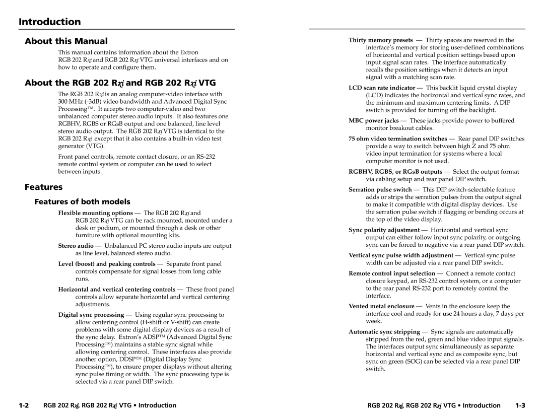 Extron electronic Introductionroduction, cont’d About this Manual, About the RGB 202 Rxi and RGB 202 Rxi VTG, Features 