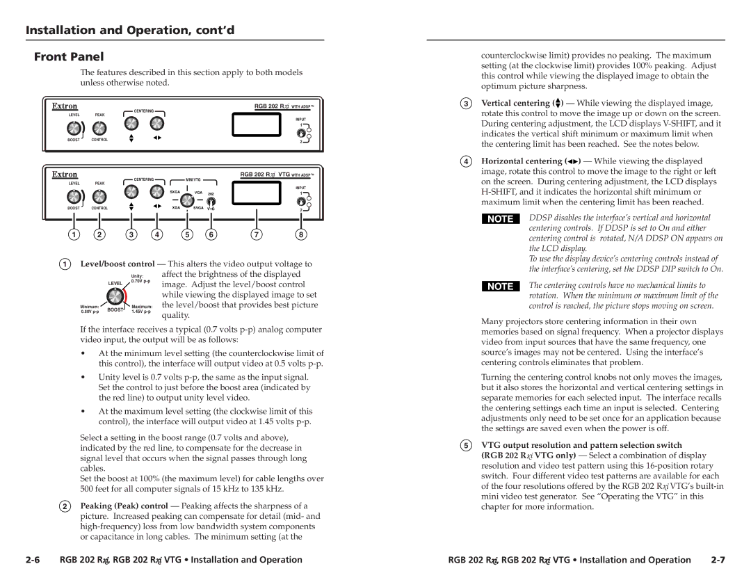 Extron electronic RGB 202 Rxi VTG user manual Installation and Operation, cont’d Front Panel 