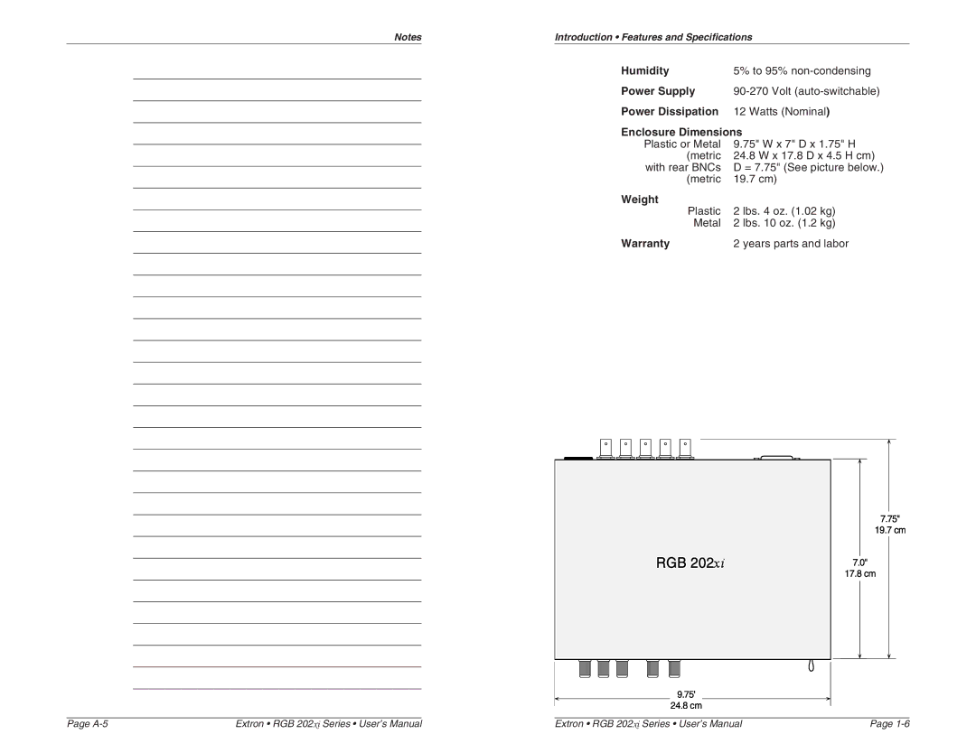 Extron electronic RGB 202 VTG user manual Humidity, Power Supply, Power Dissipation, Enclosure Dimensions, Weight, Warranty 