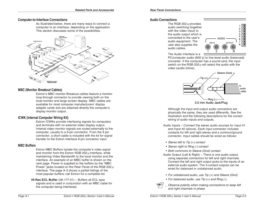 Extron electronic RGB 202 VS SL2, RGB 202 VS2 Computer-to-Interface Connections, MBC Monitor Breakout Cables, MBC Buffers 