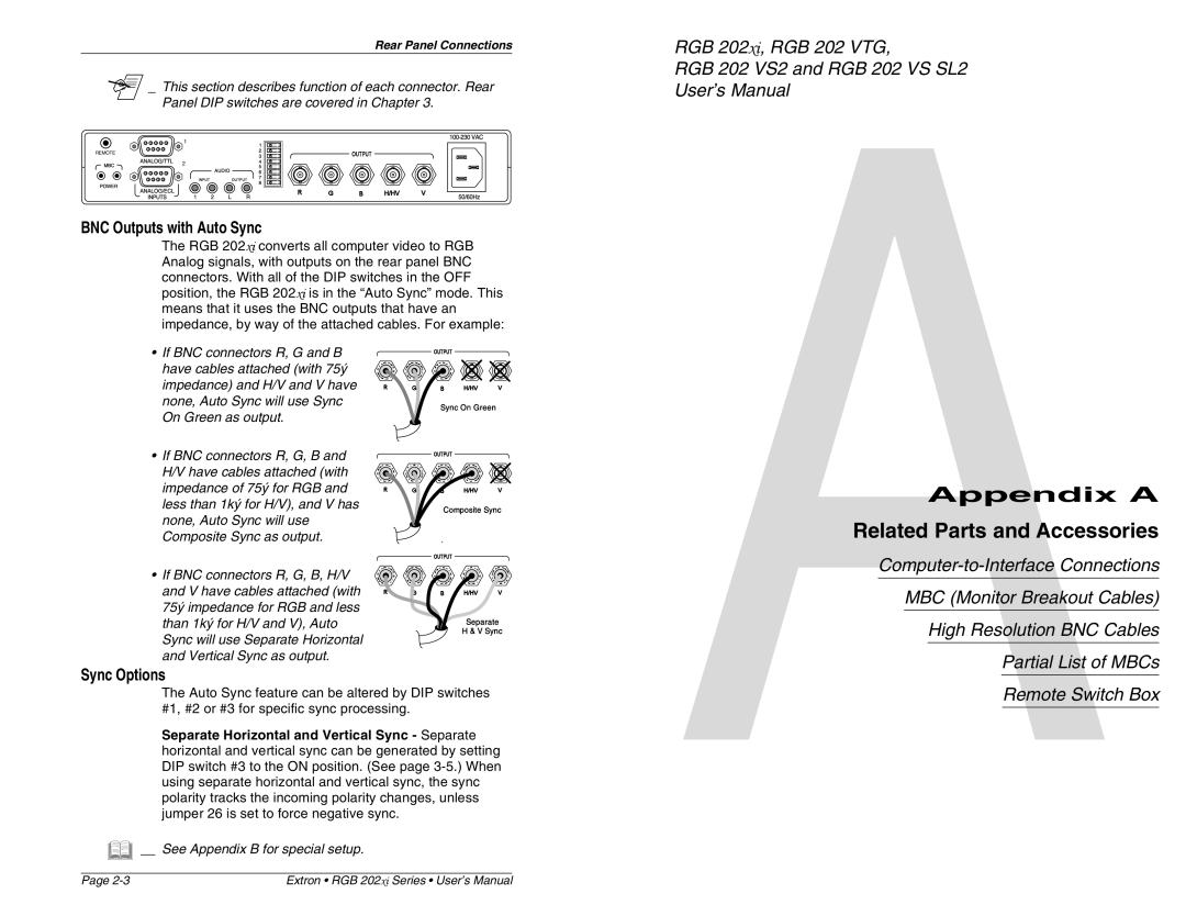 Extron electronic RGB 202 VS2, RGB 202 VS SL2 Related Parts and Accessories, BNC Outputs with Auto Sync, Sync Options 