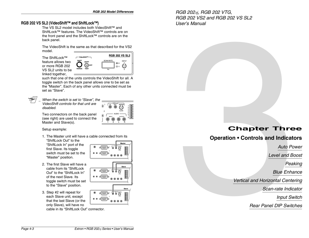 Extron electronic RGB 202 VS2, RGB 202 VTG Operation Controls and Indicators, RGB 202 VS SL2 VideoShift and ShiftLock 
