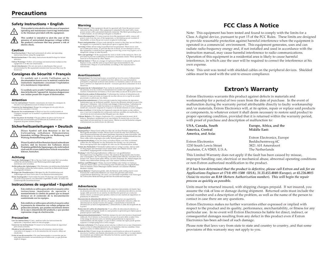 Extron electronic RGB 202 VTG, RGB 202 VS SL2, RGB 202 VS2 user manual Precautions 