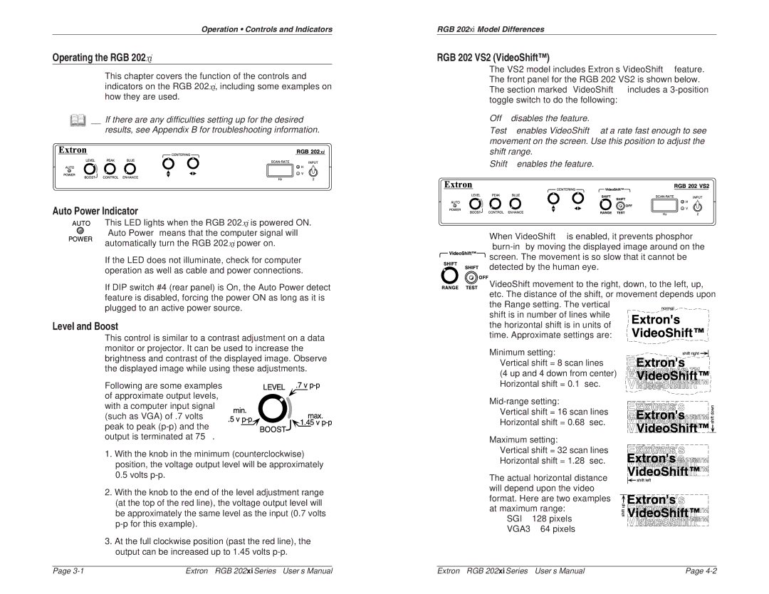 Extron electronic RGB 202 VTG user manual Operating the RGB, Auto Power Indicator, Level and Boost, RGB 202 VS2 VideoShift 