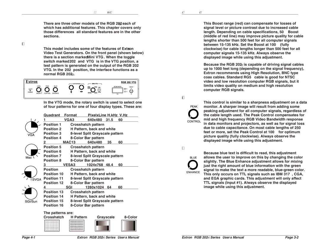 Extron electronic RGB 202 VS SL2, RGB 202 VS2 user manual RGB 202 VTG Video Test Generator, Peaking Control, Blue Enhance 