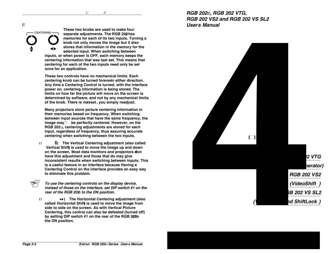 Extron electronic RGB 202 VS2, RGB 202 VS SL2, RGB 202 VTG user manual Picture Centering Controls 