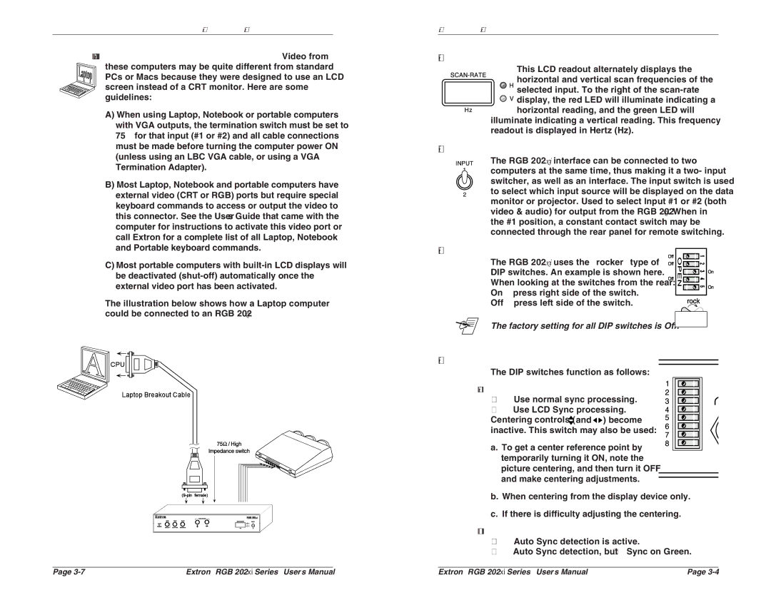 Extron electronic RGB 202 VTG user manual Scan Rate Indicator, Input Switch, DIP Switch Operation, Rear Panel DIP Switches 