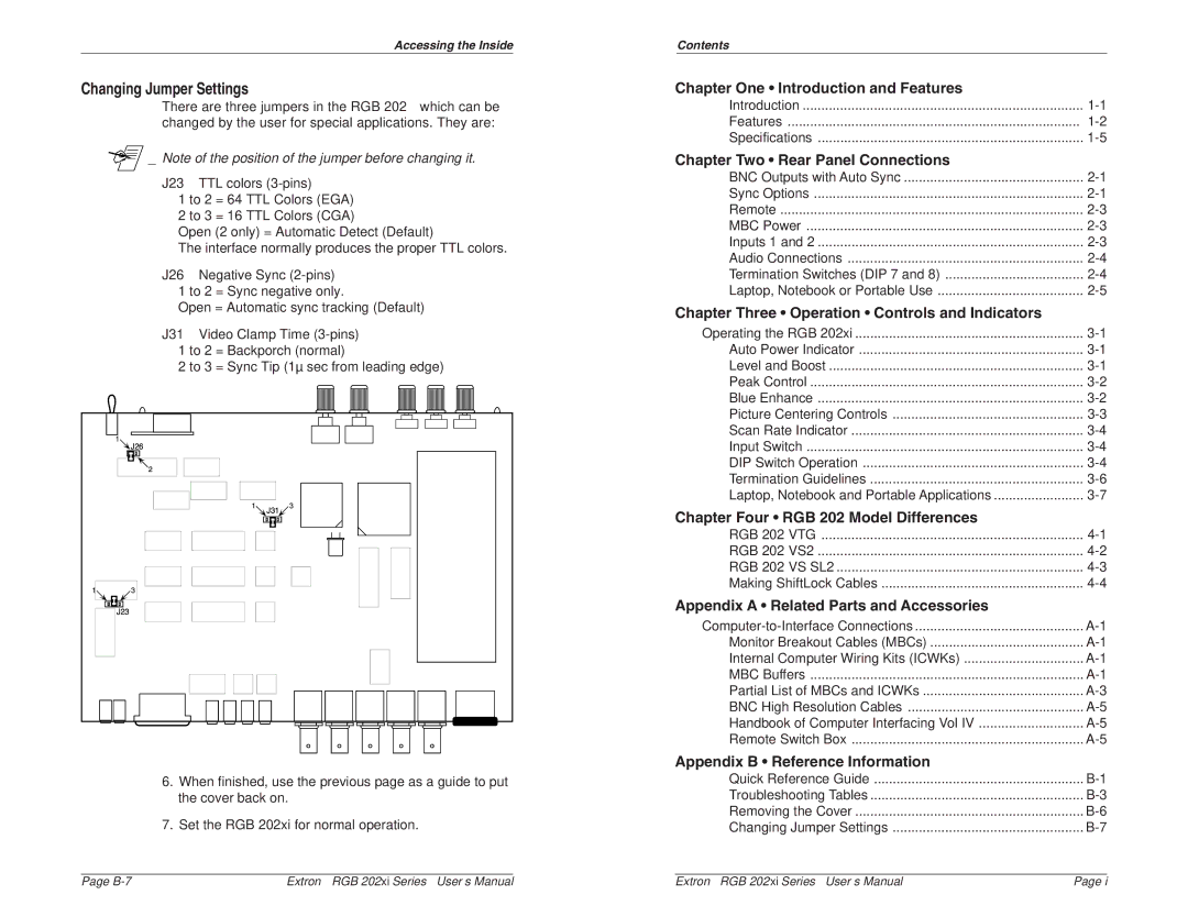Extron electronic RGB 202 VS SL2, RGB 202 VS2, RGB 202 VTG Chapter Two Rear Panel Connections, Changing Jumper Settings 