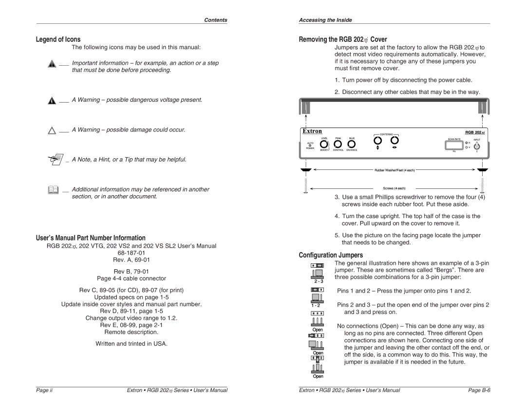 Extron electronic RGB 202 VS2 User’s Manual Part Number Information, Removing the RGB 202xi Cover, Configuration Jumpers 