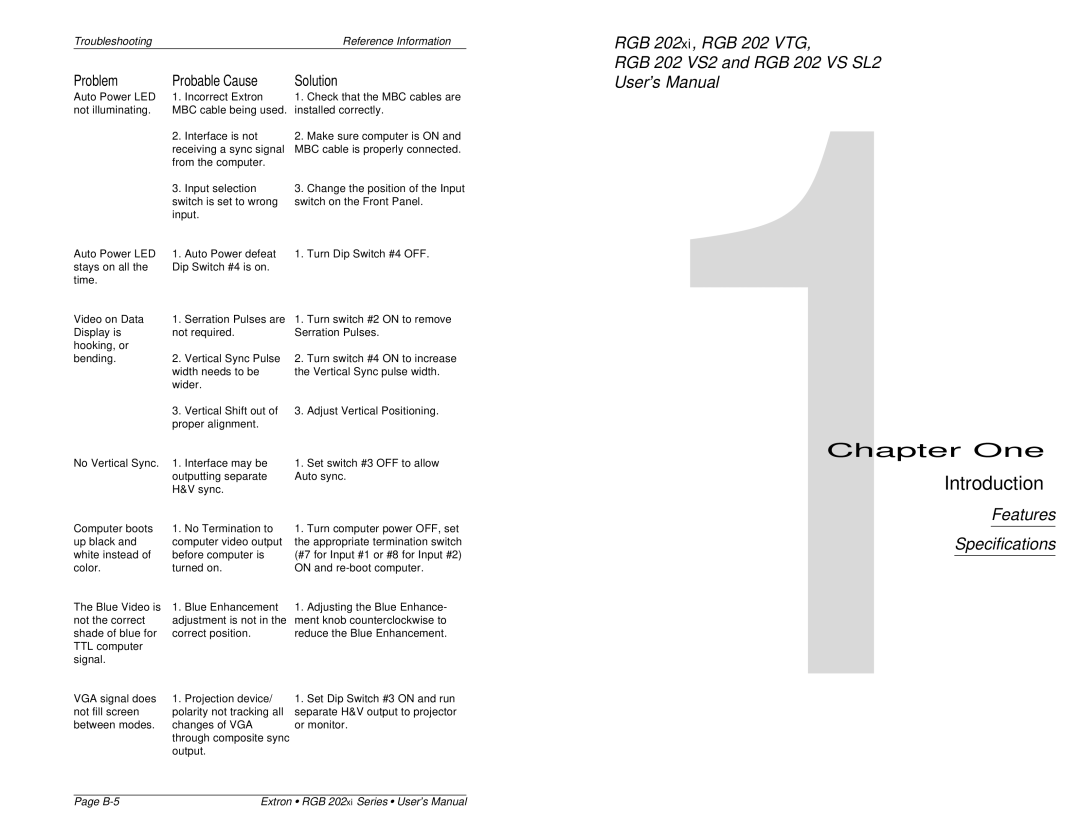 Extron electronic RGB 202 VTG, RGB 202 VS SL2, RGB 202 VS2 user manual Introduction, Problem Probable Cause Solution 