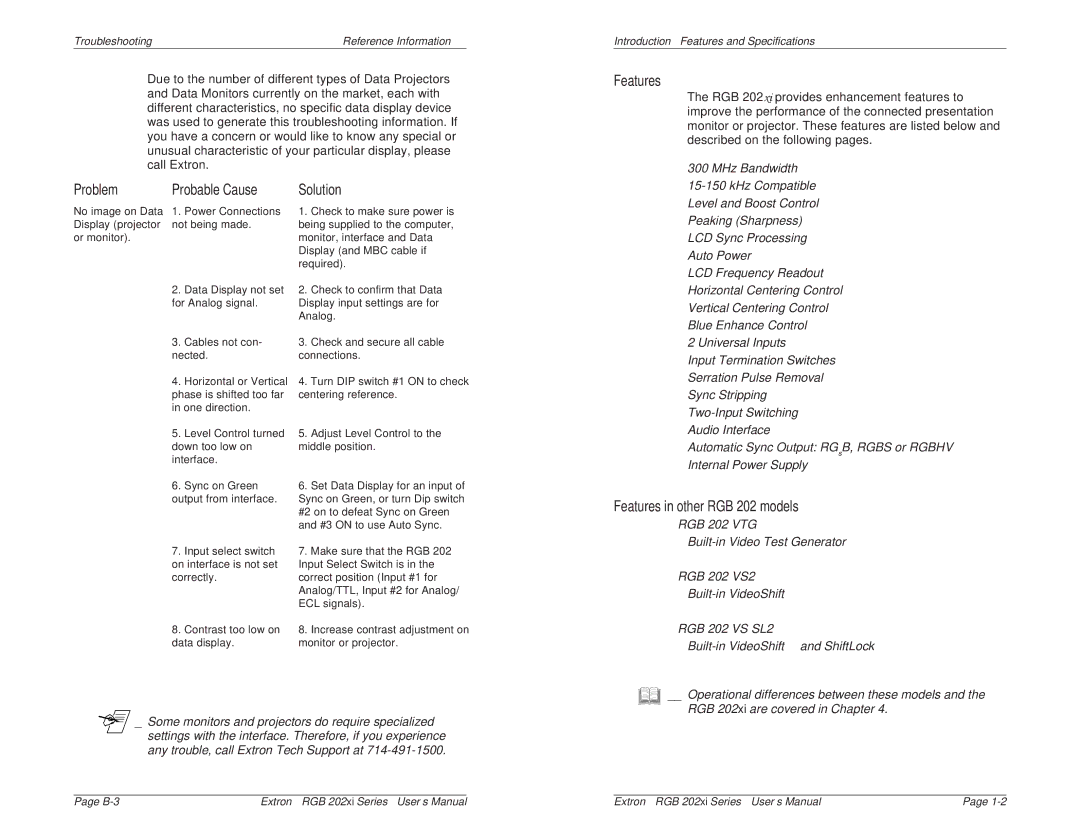 Extron electronic RGB 202 VS2, RGB 202 VS SL2, RGB 202 VTG user manual Features in other RGB 202 models 