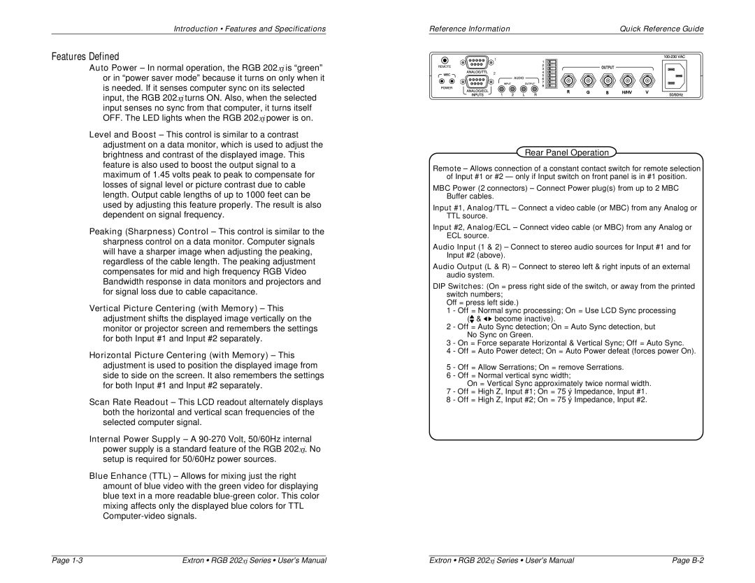 Extron electronic RGB 202 VTG, RGB 202 VS SL2, RGB 202 VS2 user manual Features Defined, Rear Panel Operation 