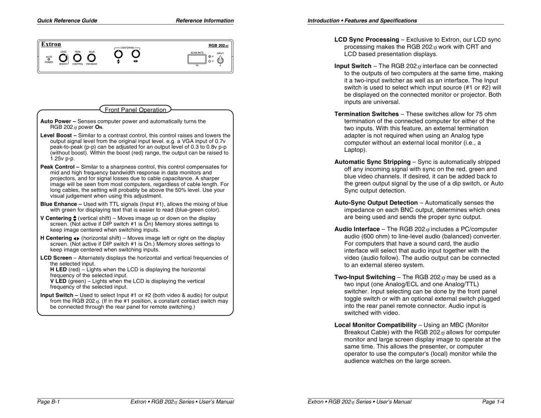 Extron electronic RGB 202 VS SL2, RGB 202 VS2, RGB 202 VTG user manual Front Panel Operation 