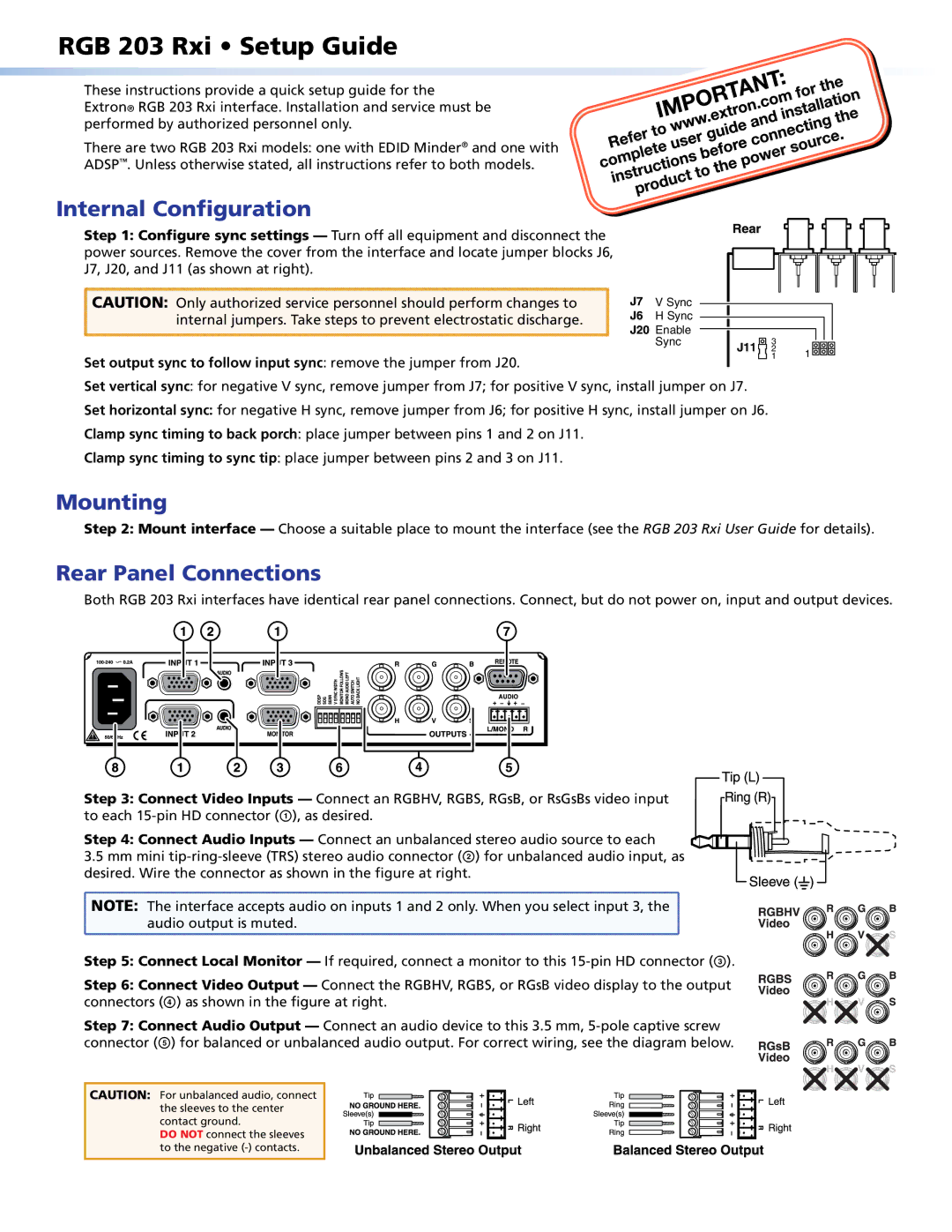 Extron electronic RGB 203 RXI setup guide Internal Configuration, Mounting, Rear Panel Connections 