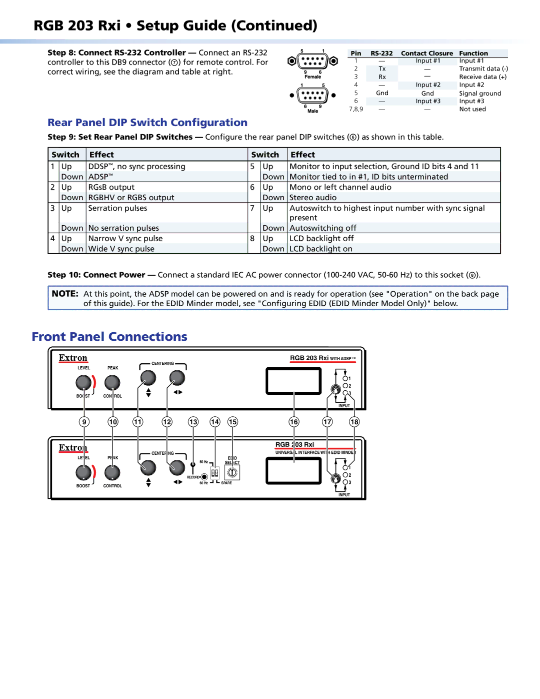 Extron electronic RGB 203 RXI setup guide Front Panel Connections, Rear Panel DIP Switch Configuration, Switch Effect 