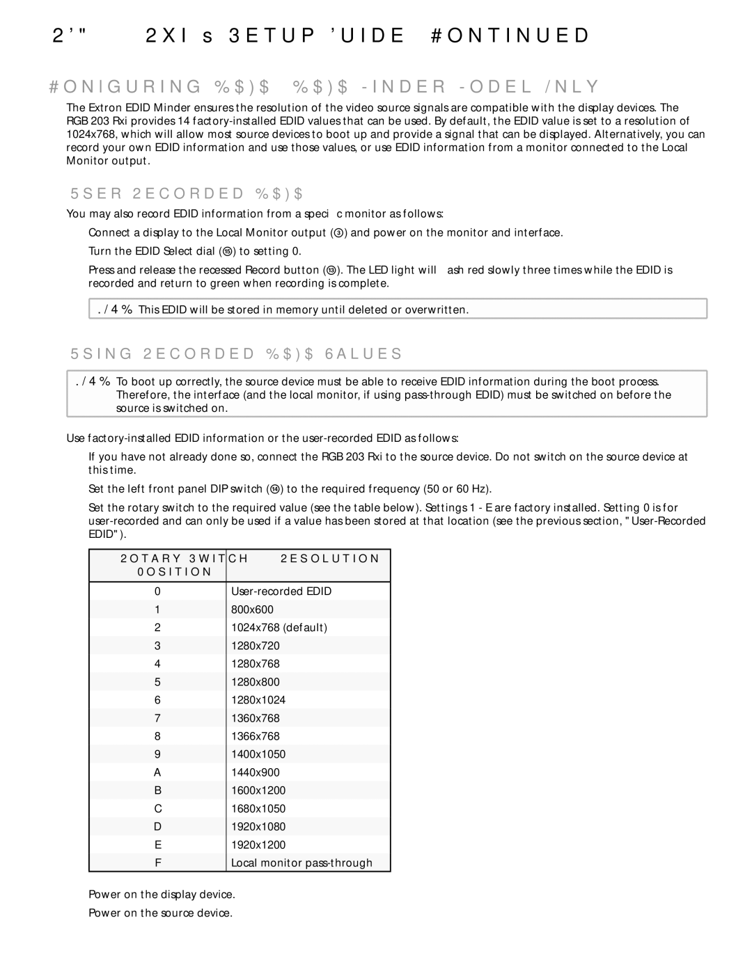 Extron electronic RGB 203 RXI Configuring Edid Edid Minder Model Only, User-Recorded Edid, Using Recorded Edid Values 