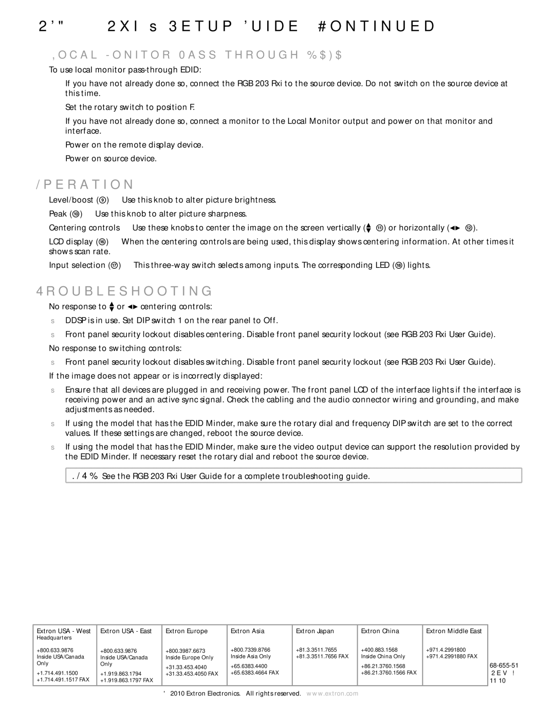 Extron electronic RGB 203 RXI setup guide Operation, Troubleshooting, Local Monitor Pass-through Edid 