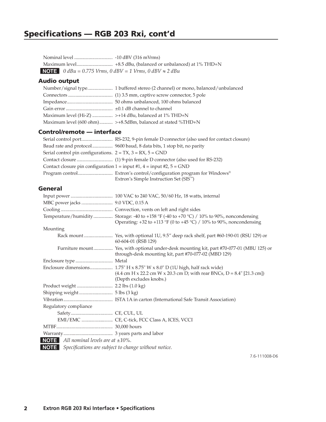 Extron electronic RGB 203 RXI specifications Audio output, Control/remote interface, General 