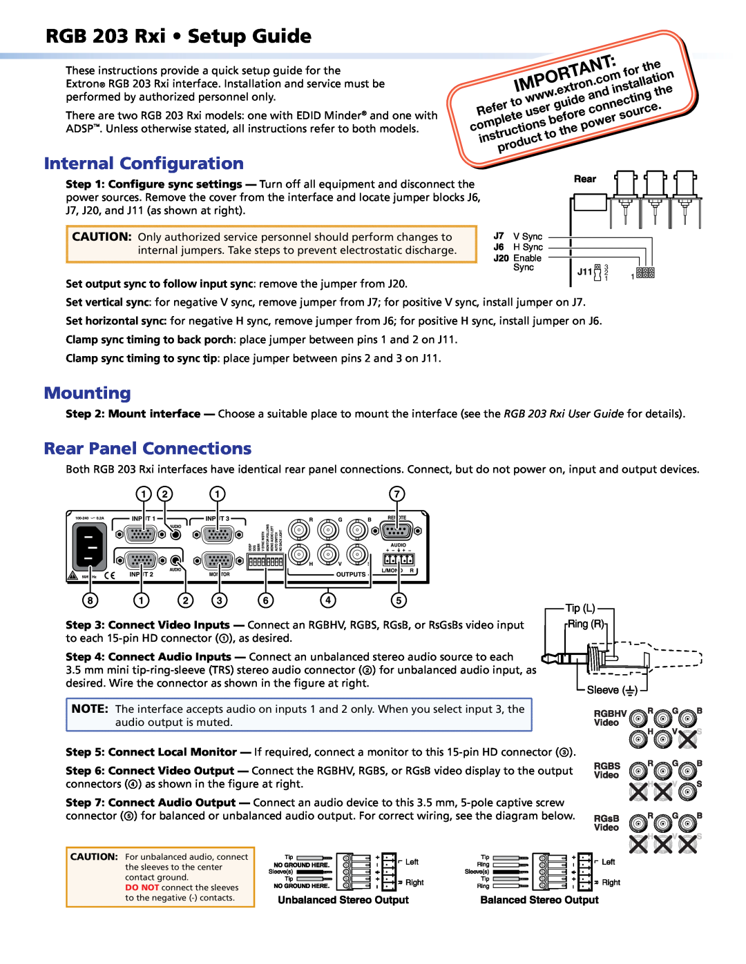 Extron electronic RGB 203 RXI setup guide RGB 203 Rxi Setup Guide, Internal Configuration, Mounting 