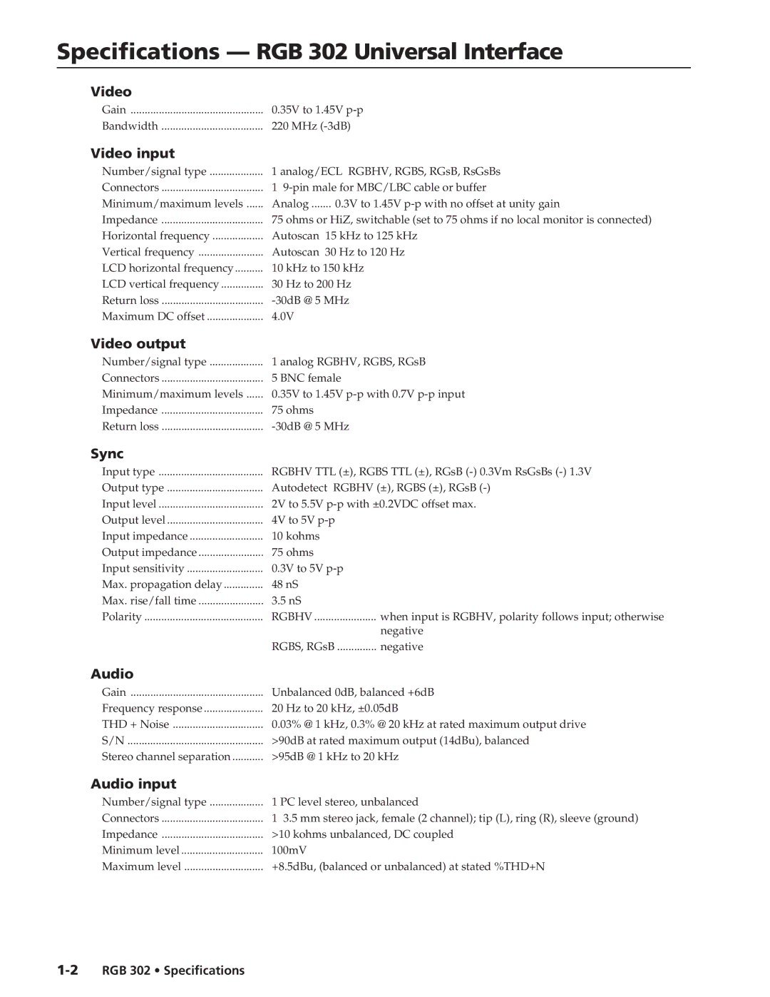 Extron electronic specifications Specifications RGB 302 Universal Interface 