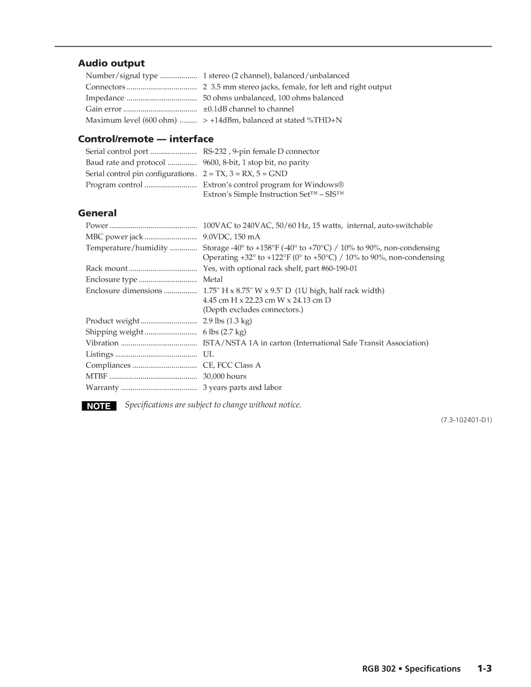 Extron electronic RGB 302 specifications Audio output, Control/remote interface, General 