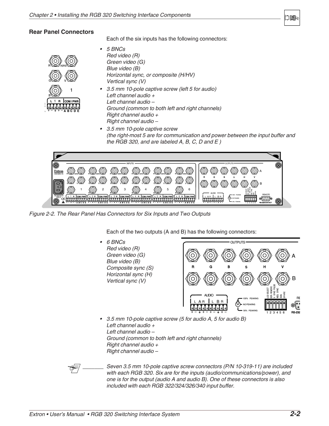 Extron electronic RGB 320 manual Rear Panel Connectors, Rear Panel Has Connectors for Six Inputs and Two Outputs 