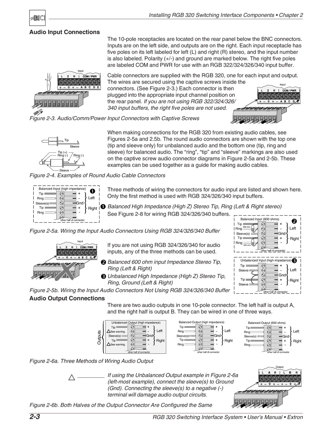 Extron electronic RGB 320 manual Audio Input Connections, Audio Output Connections 