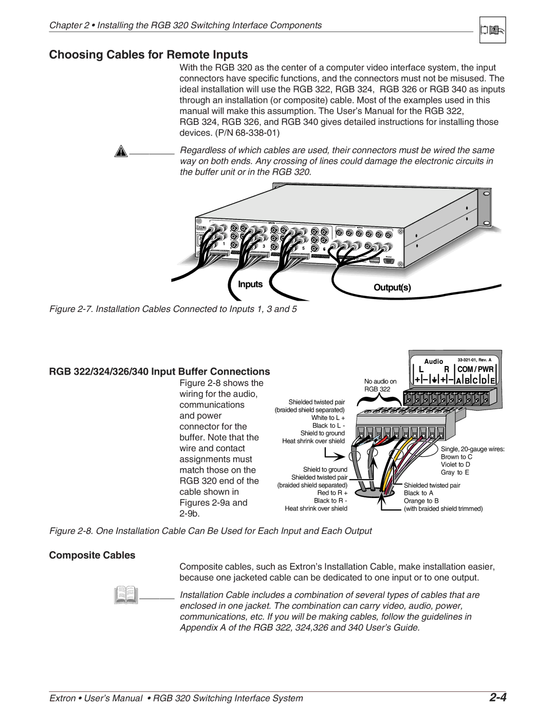 Extron electronic RGB 320 manual Choosing Cables for Remote Inputs, RGB 322/324/326/340 Input Buffer Connections 