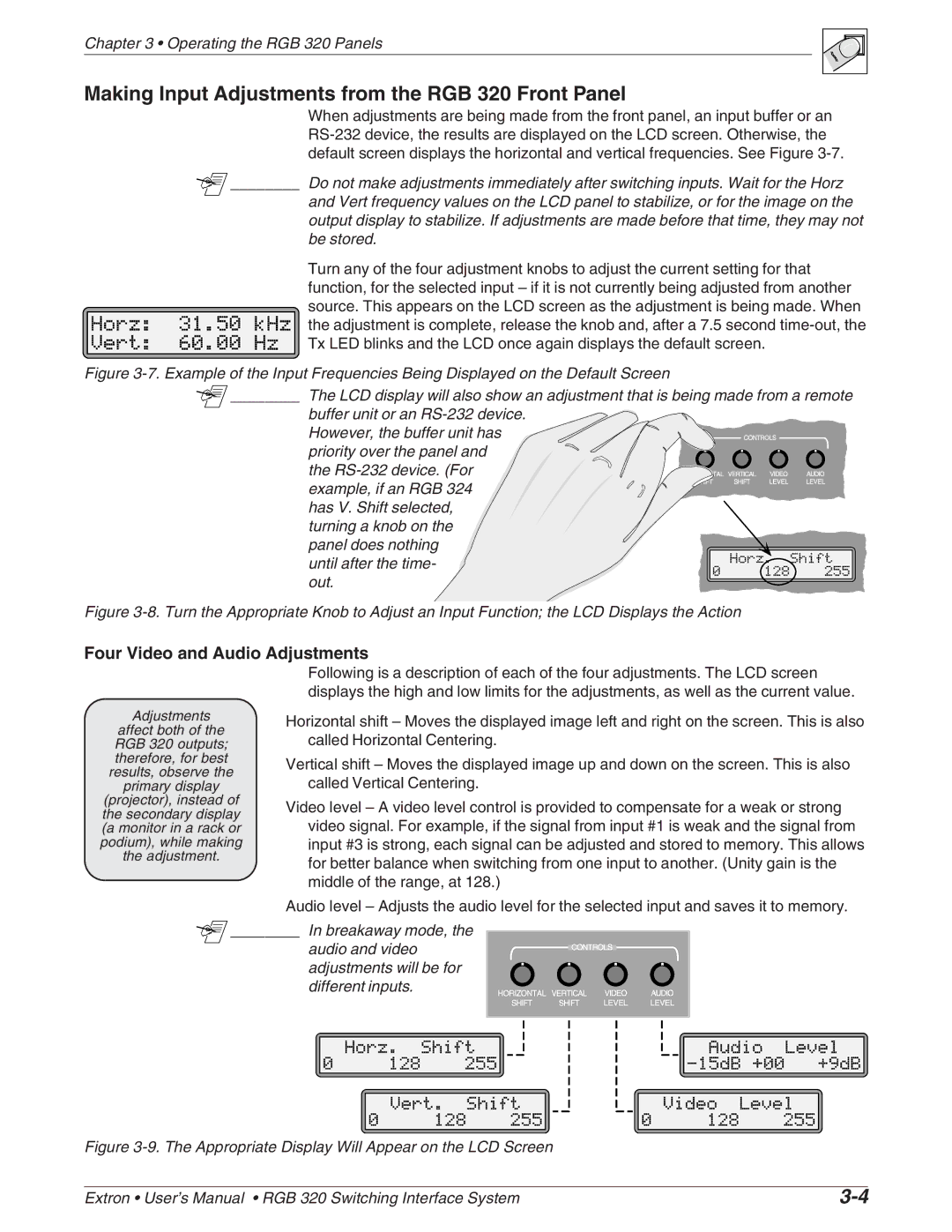 Extron electronic manual Making Input Adjustments from the RGB 320 Front Panel, Four Video and Audio Adjustments 