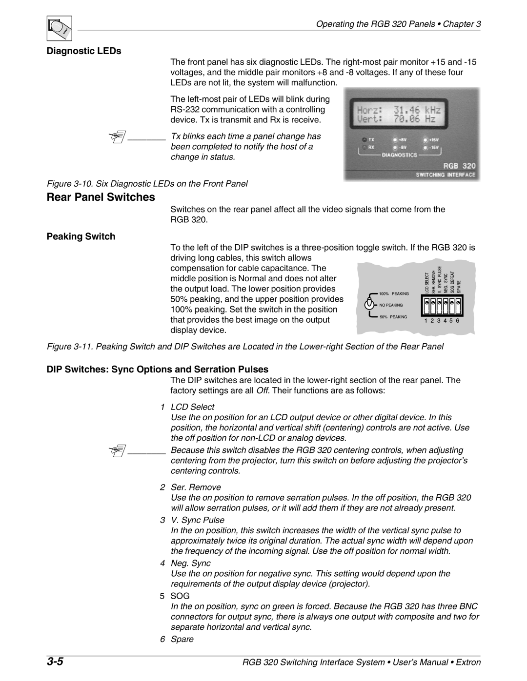 Extron electronic RGB 320 manual Rear Panel Switches, Diagnostic LEDs, Peaking Switch 