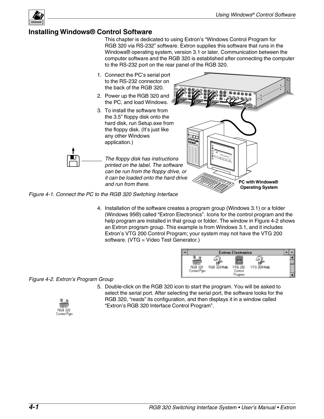 Extron electronic manual Installing Windows Control Software, Connect the PC to the RGB 320 Switching Interface 