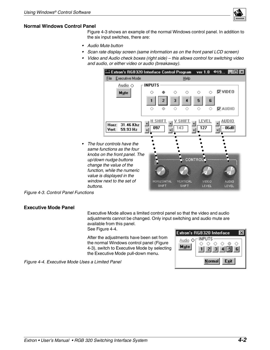 Extron electronic RGB 320 manual Normal Windows Control Panel, Executive Mode Panel 