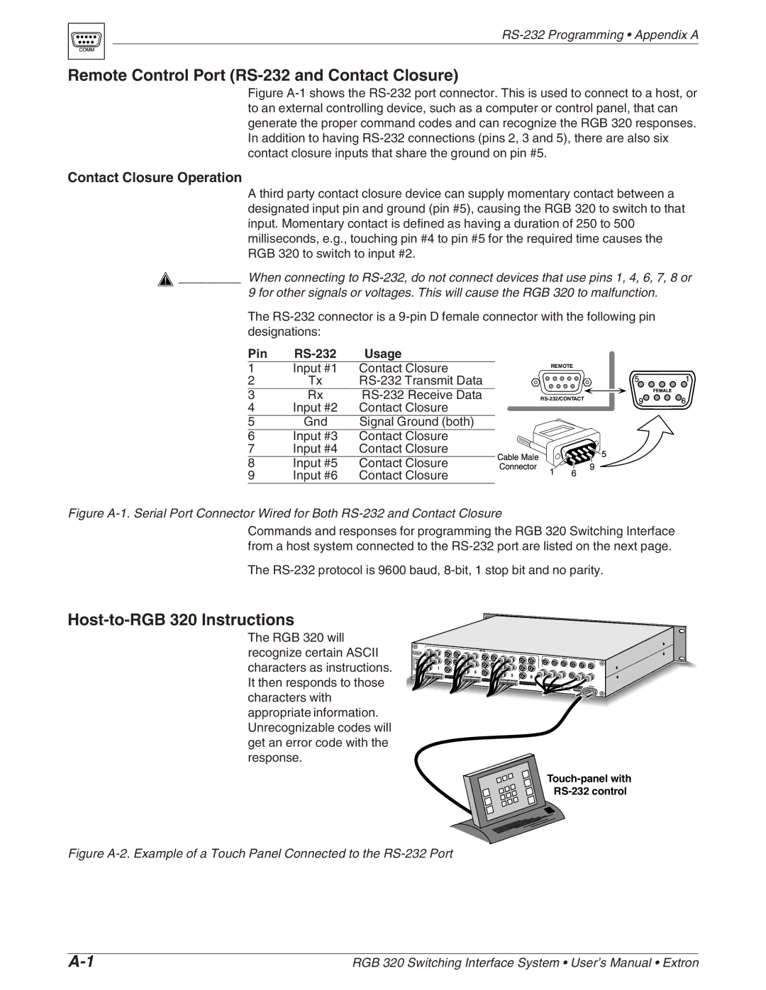 Extron electronic manual Remote Control Port RS-232 and Contact Closure, Host-to-RGB 320 Instructions, Pin RS-232 Usage 