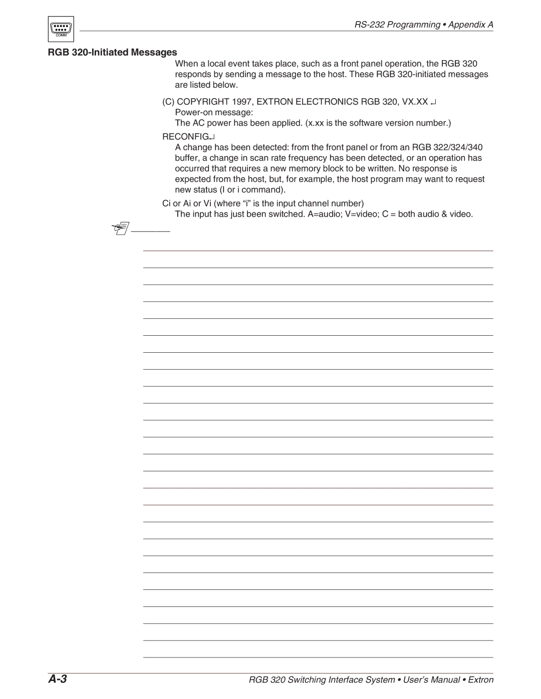 Extron electronic manual RGB 320-Initiated Messages, Reconfig 