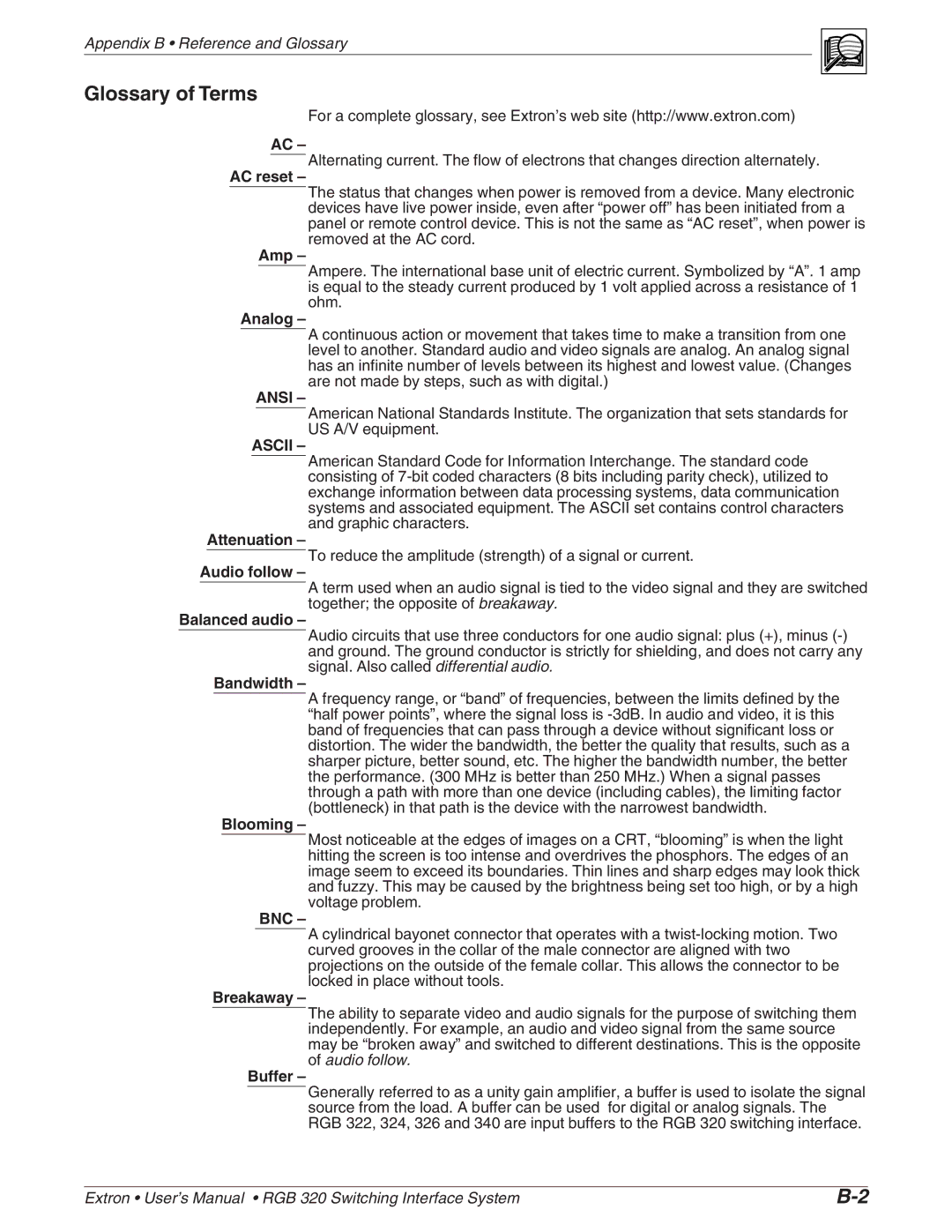 Extron electronic RGB 320 manual Glossary of Terms 