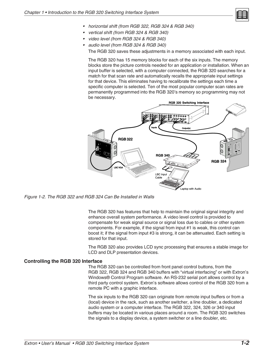 Extron electronic manual Controlling the RGB 320 Interface, RGB 322 and RGB 324 Can Be Installed in Walls 